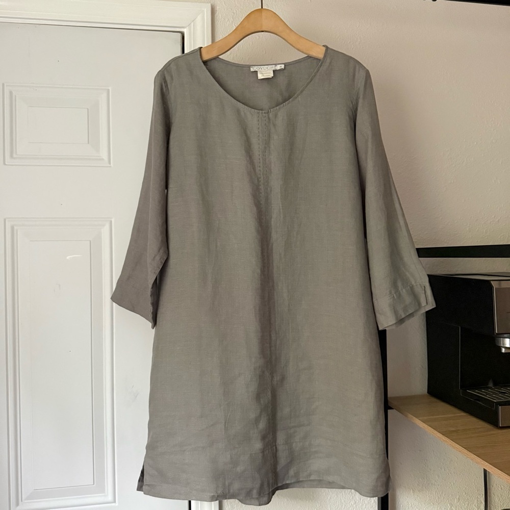 COYUCHI grey organic linen scoop crew neck long sleeve lagenlook mini dress